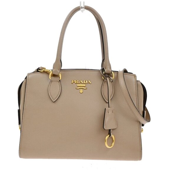 PRADA Logo 2Way Shoulder Hand Bag Leather Charm Beige GHW 636KB360 - Picture 1 of 16